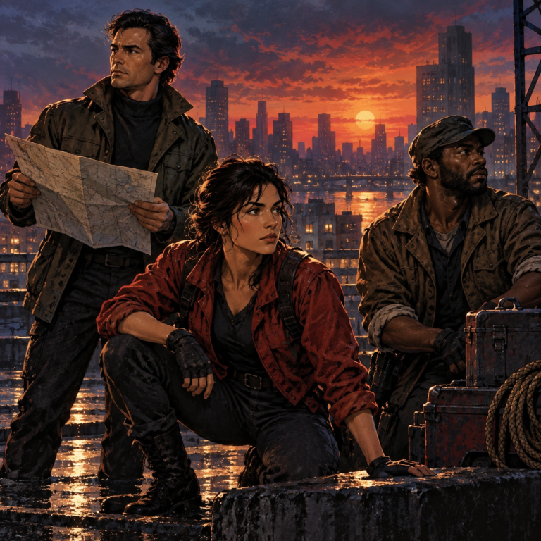 Original illustration of three resourceful action-movie archetypes surveying a city rooftop at sunset.