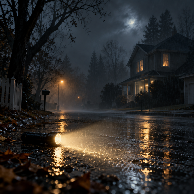 Flashlight illuminating a rain-soaked suburban street at night