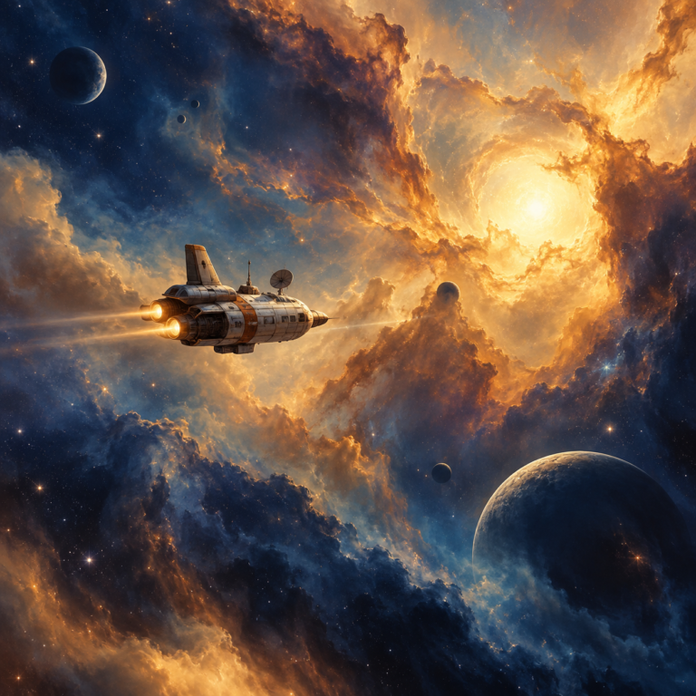 Retro-futurist spaceship crossing a colorful nebula