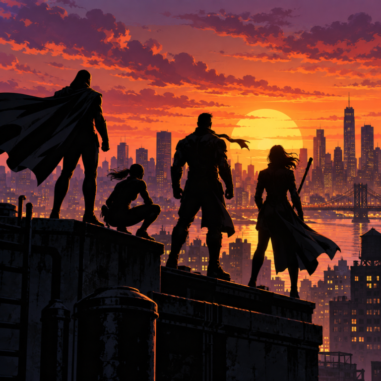 Four hero silhouettes on a city rooftop at sunset