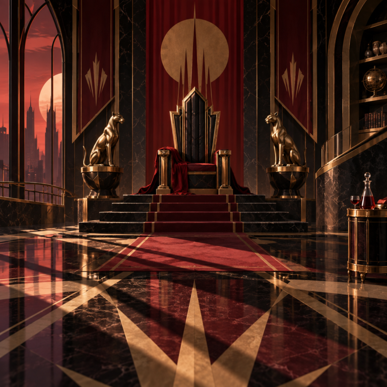 Art-deco villain lair with an empty throne