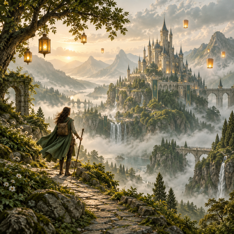 Fantasy castle valley with lanterns and a winding path