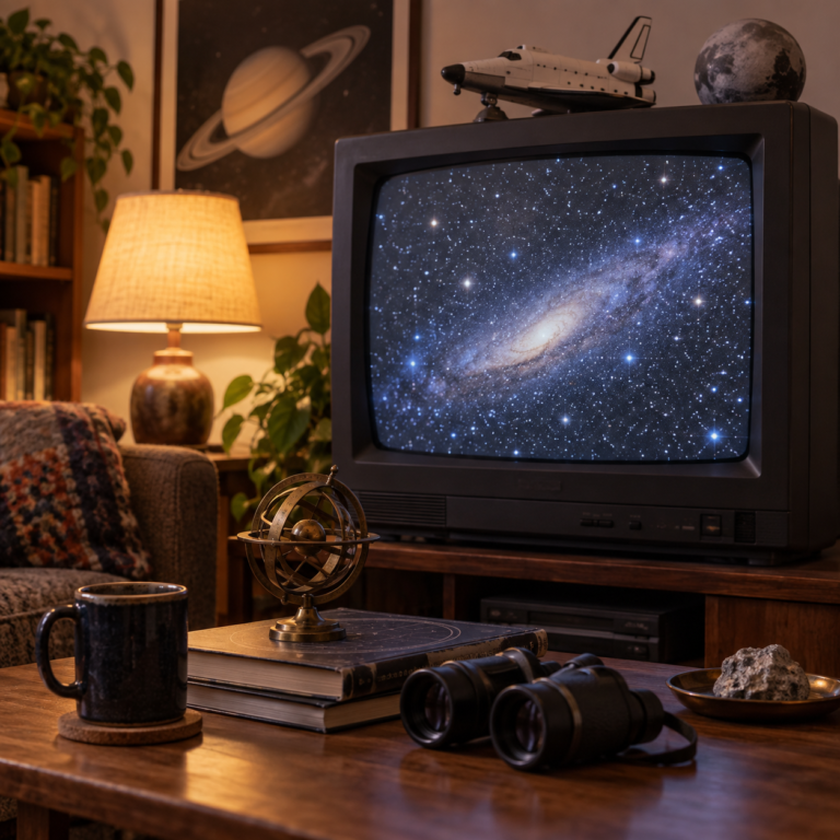 CRT television showing a starfield beside science-fiction props