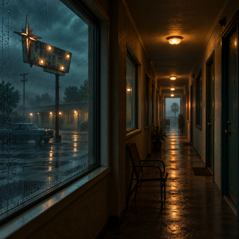 Empty motel corridor lit by a flickering neon sign