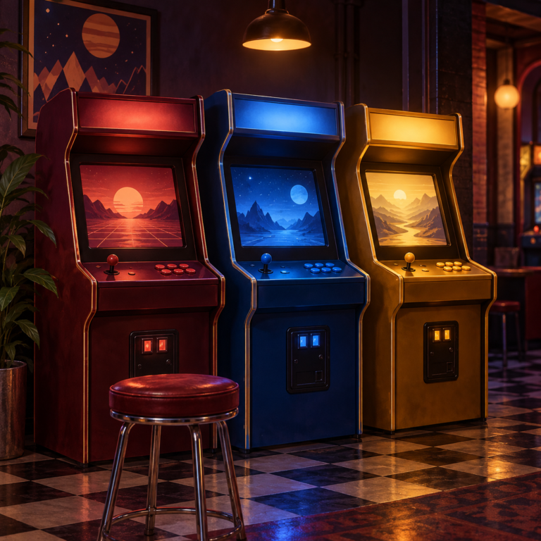 Classic arcade cabinets glowing in a retro arcade
