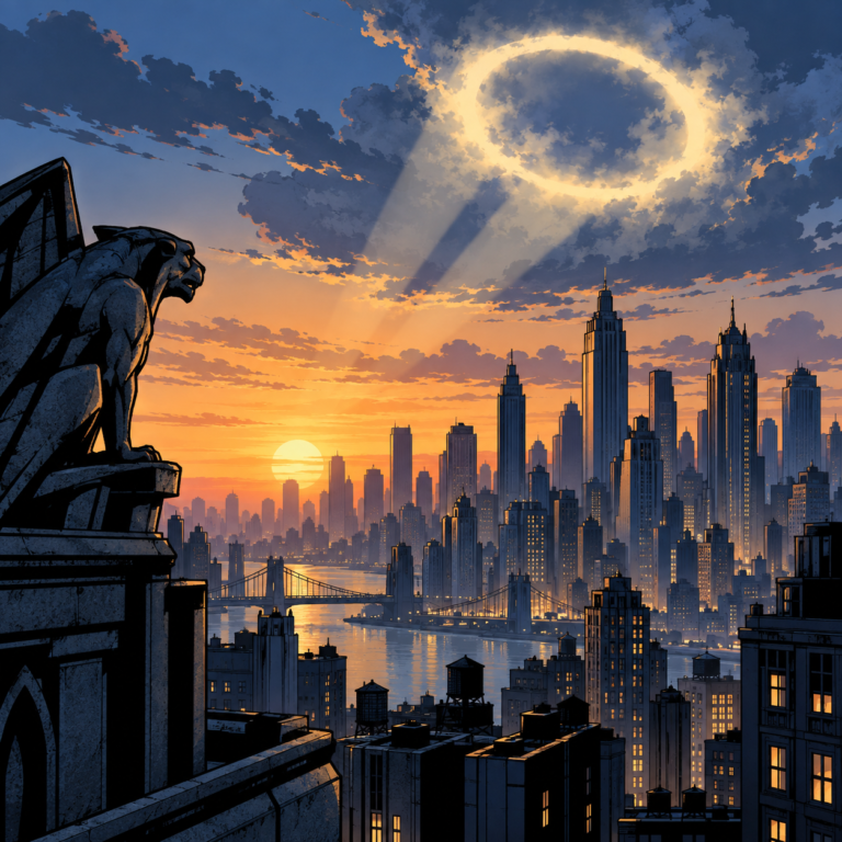 Comic-book city skyline with a hero signal in clouds