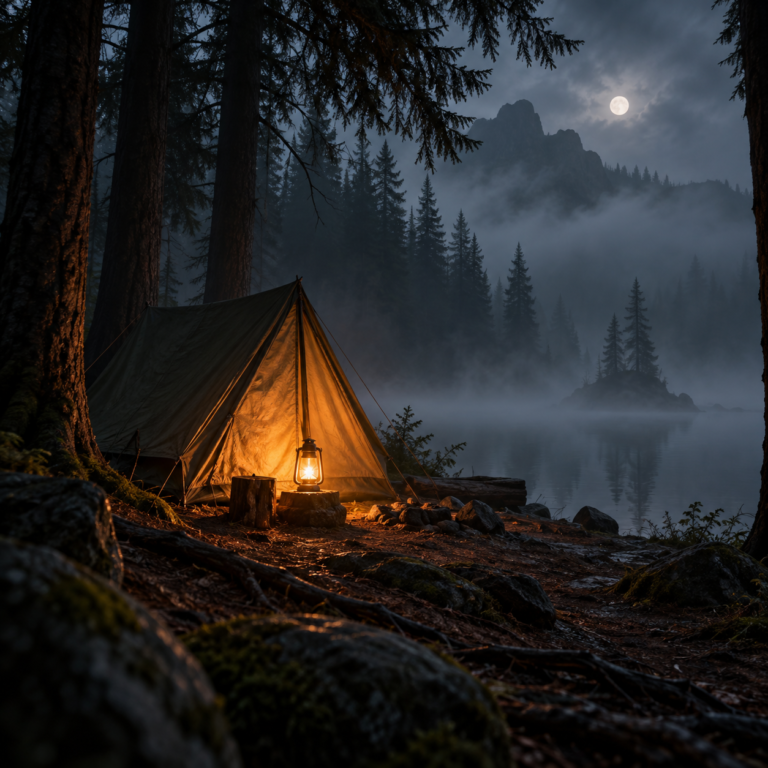 Foggy campsite with a tent and glowing lantern at night