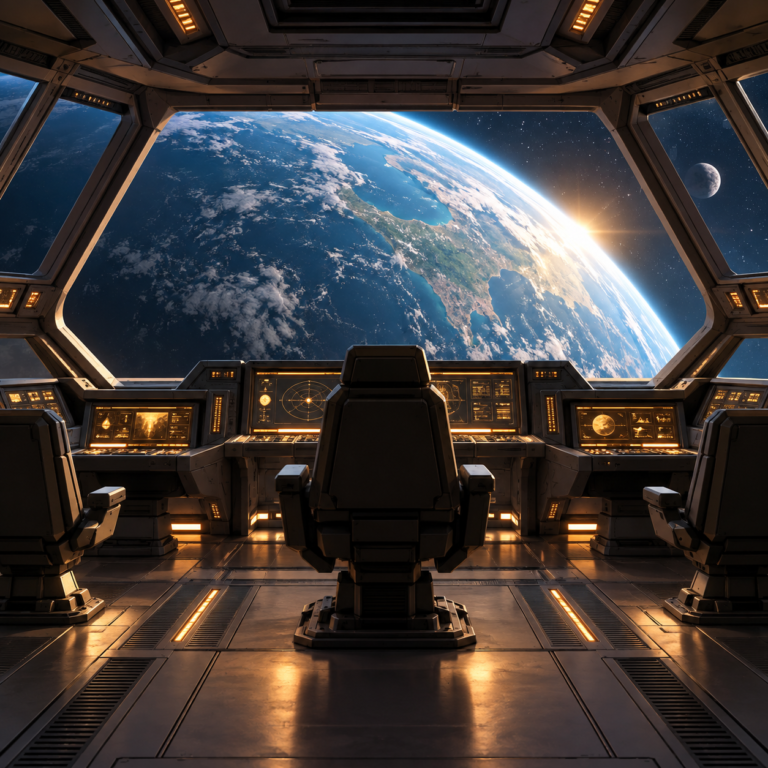 Spaceship bridge facing a blue planet in space