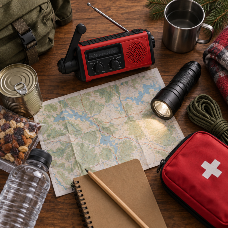 Emergency supplies, map and radio prepared for a disaster plan