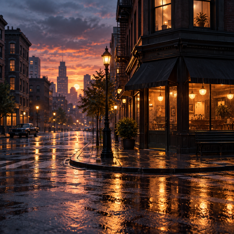Cinematic urban street location at dusk