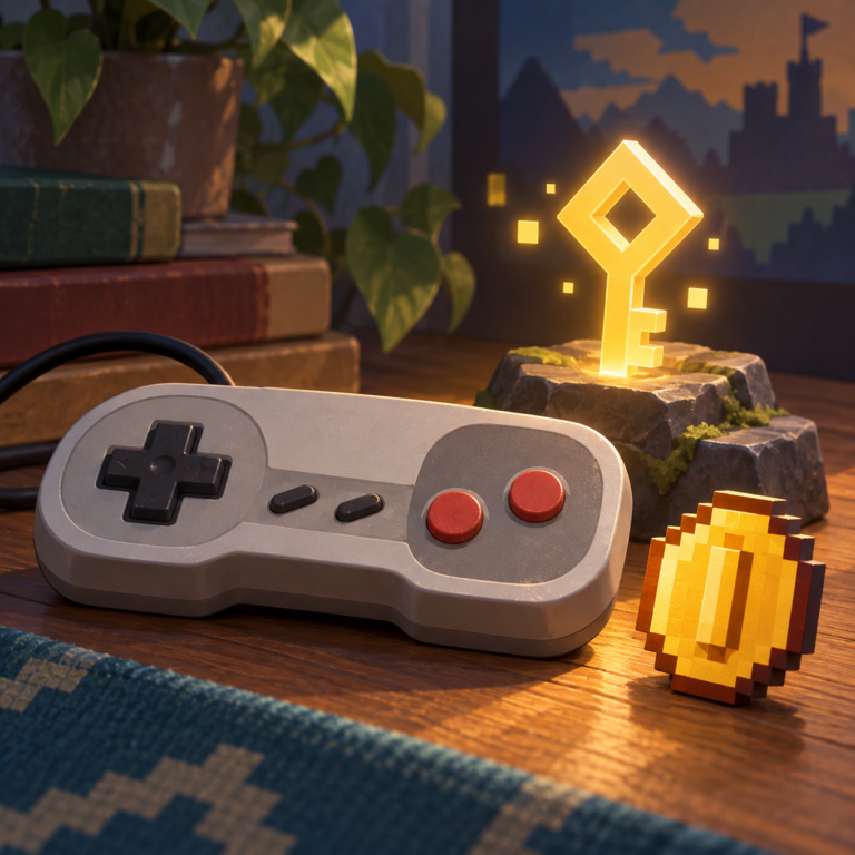 Retro game controller beside a glowing key and pixel coin