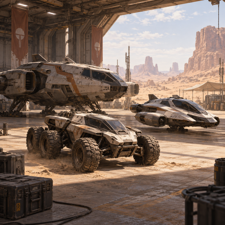 Original futuristic vehicles parked in a desert hangar