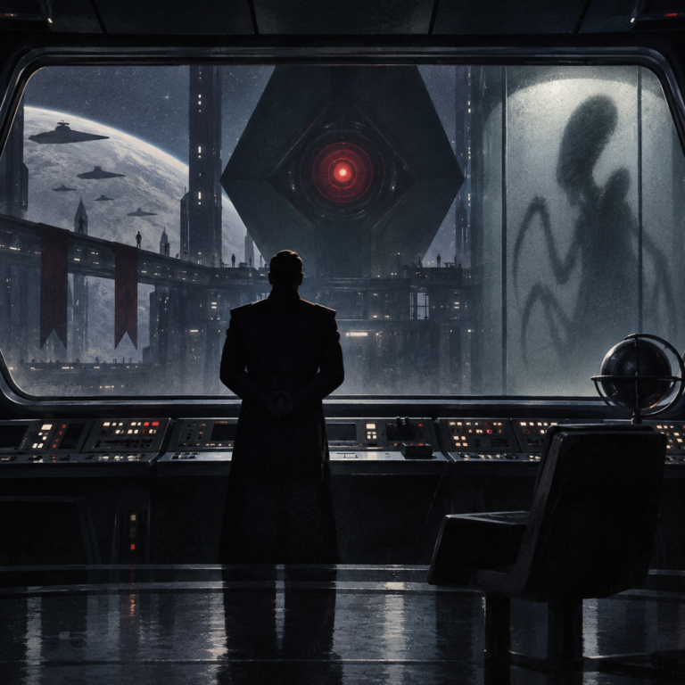 An anonymous commander surveys a shadowy retro-futurist control room with a glowing red geometric sensor and distant silhouettes.