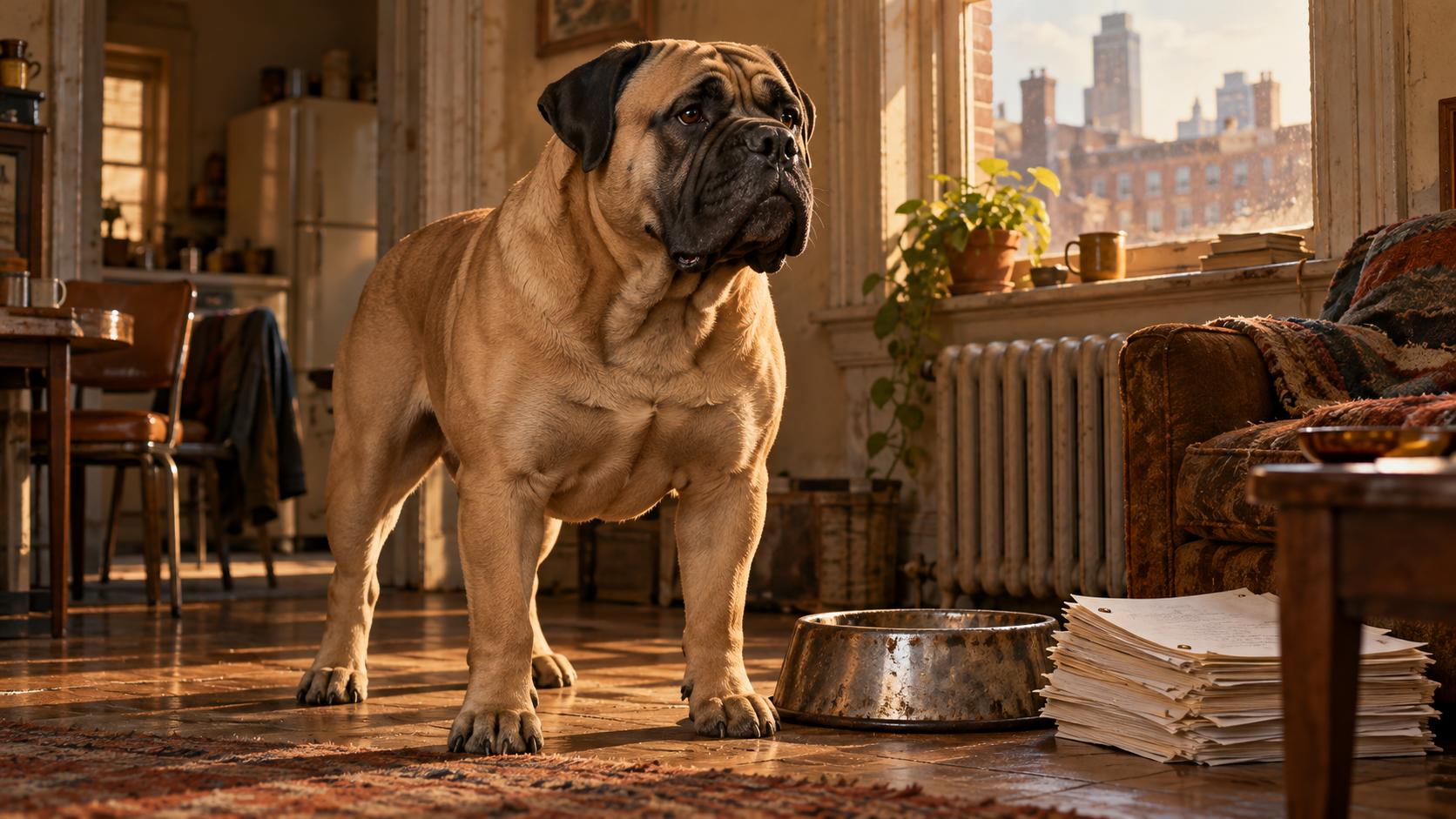 Illustration of a large fawn-colored bullmastiff with a dark muzzle and broad build, inspired by documented photographs of Butkus.
