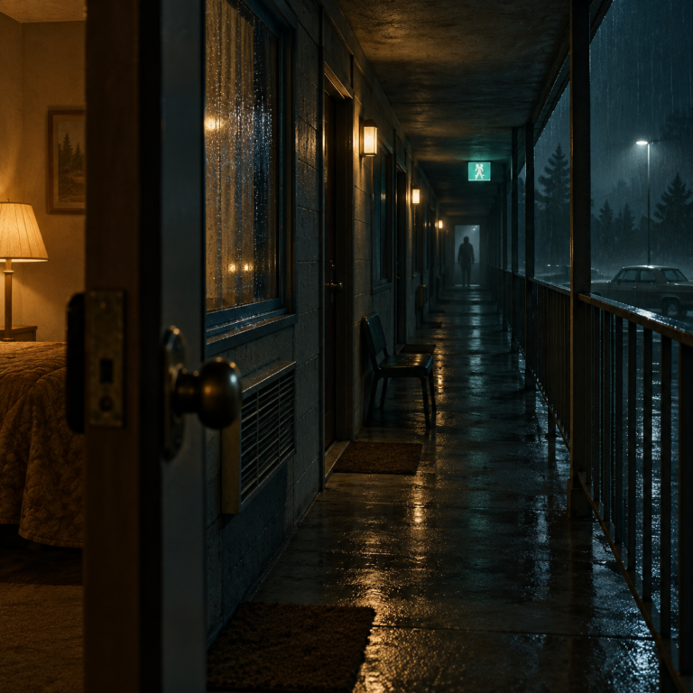 Rainy motel corridor seen from a half-open room, with a distant shadow at the far end.