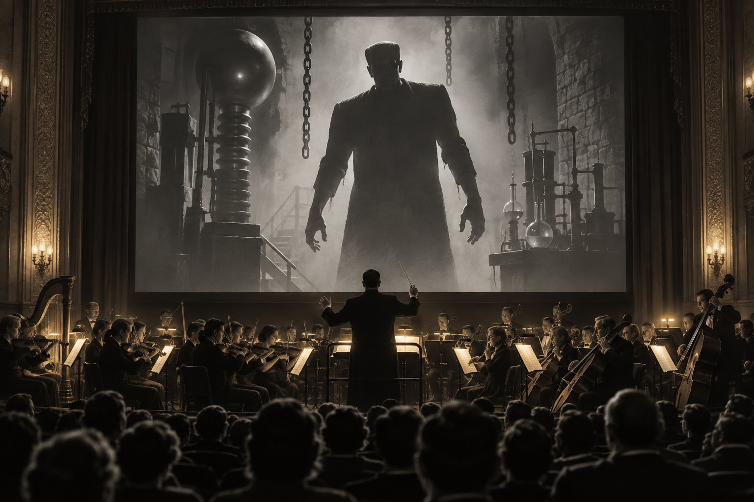 Original illustration of a gothic film screening with a shadowy monster on screen and a live orchestra performing in front
