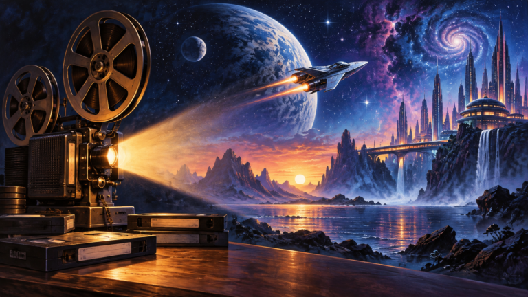 Retro sci-fi illustration of a film projector and VHS tapes beneath a spacecraft, planets and a glowing futuristic city.