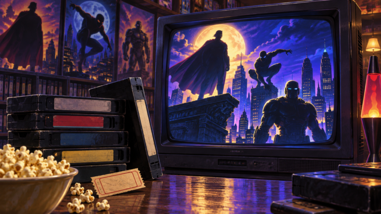 A retro television displays superhero silhouettes beside VHS tapes, popcorn and a cinema ticket.