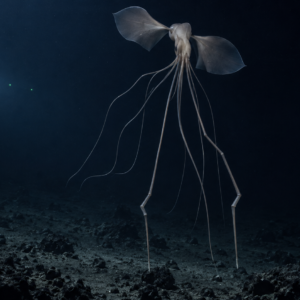 An illustrative bigfin squid floats above a deep-sea floor, its large fins extended and its long arms hanging at elbow-like bends in the ROV lights.