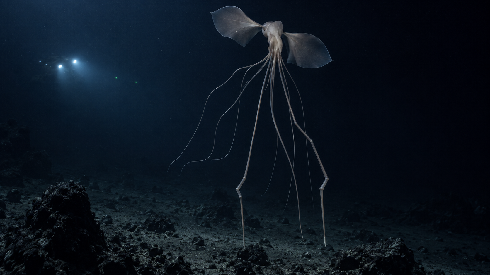An illustrative bigfin squid floats above a deep-sea floor, its large fins extended and its long arms hanging at elbow-like bends in the ROV lights.