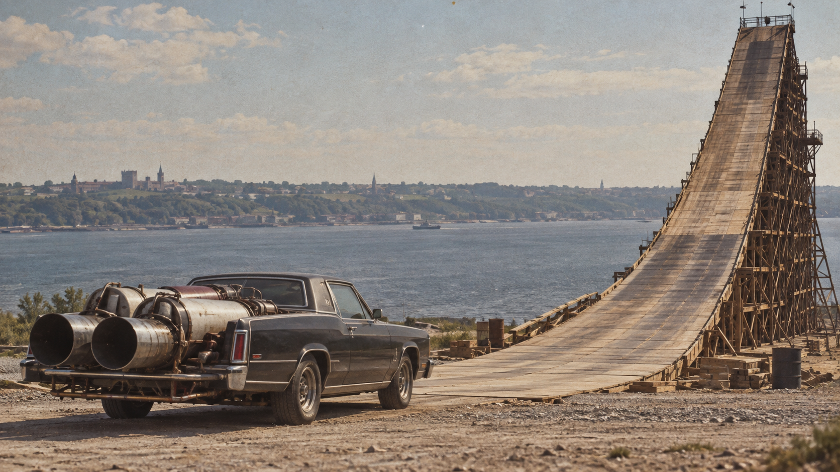 Illustrative reconstruction of Ken Carter’s rocket-powered car waiting beside a towering ten-storey ramp on the St. Lawrence River.