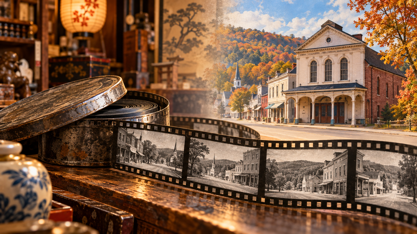 Original illustration of a recovered silent-film reel and New Hampshire street scenes representing the journey of the 1919 comedy Van-ar-chy.