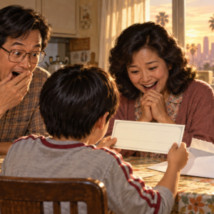 Illustration of a young boy showing his parents a blank check at a kitchen table, representing the family moment Ke Huy Quan recalls.