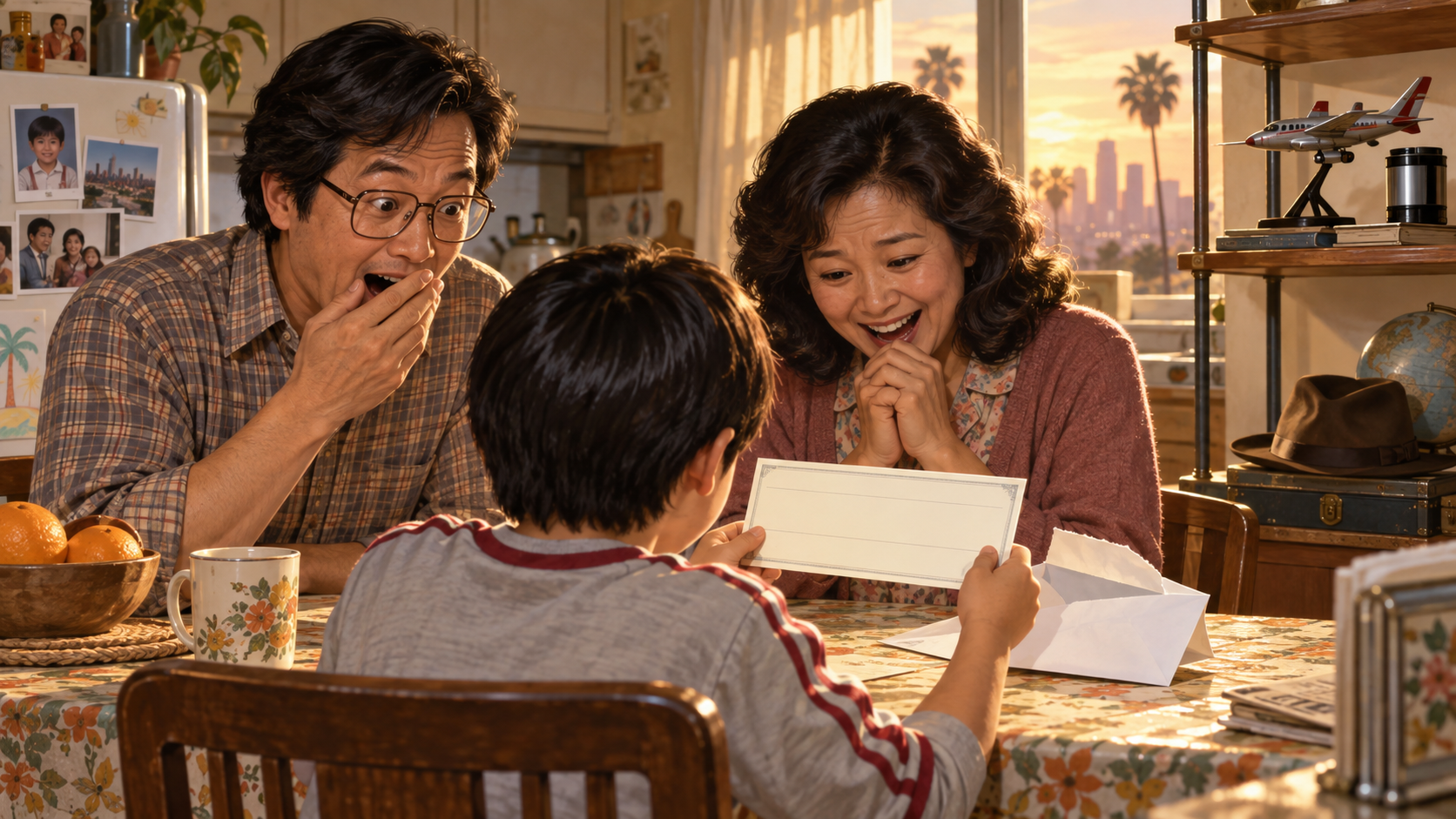 Illustration of a young boy showing his parents a blank check at a kitchen table, representing the family moment Ke Huy Quan recalls.