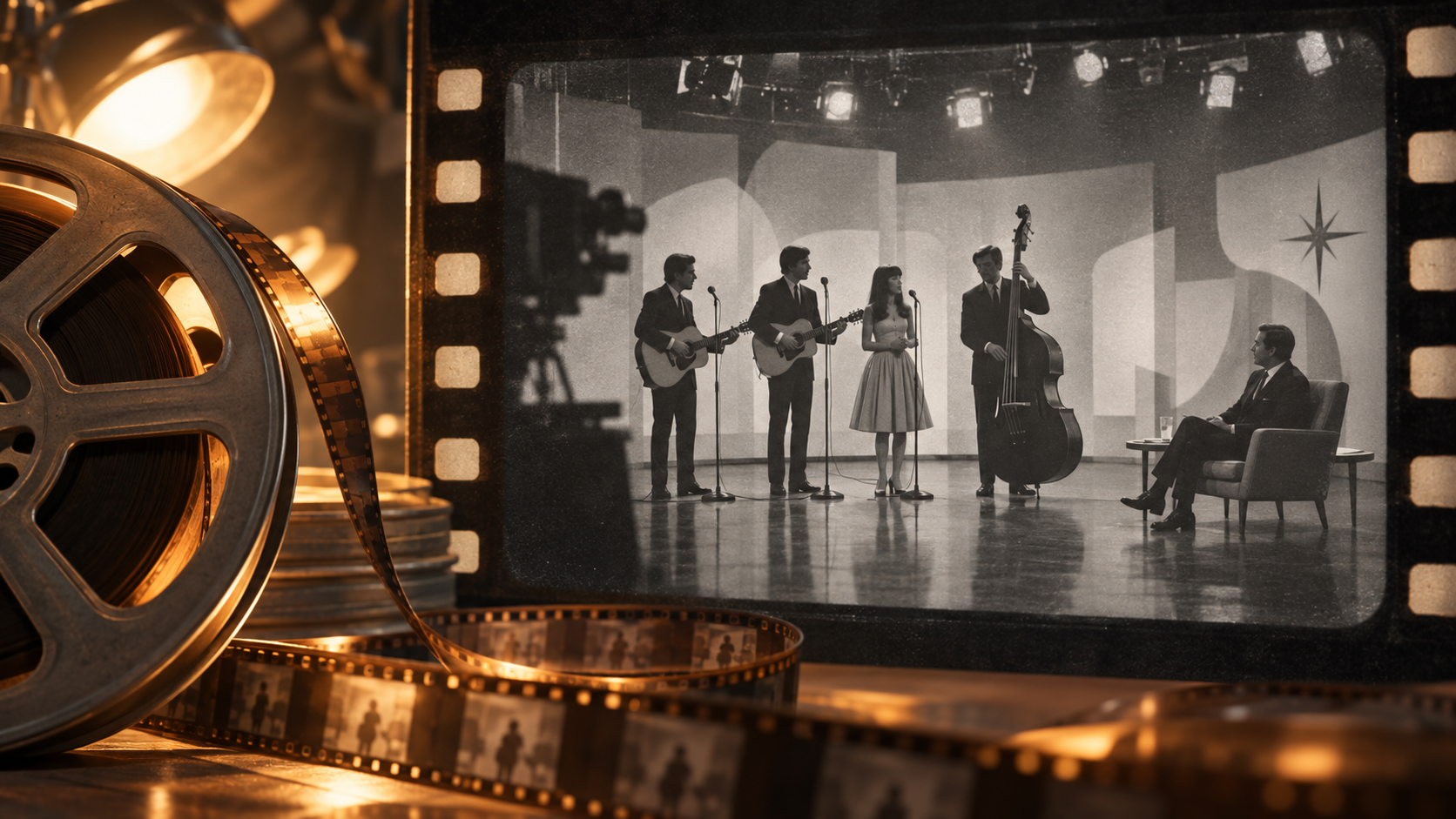 Original illustration of a 1960s television studio performance seen through a 16mm film reel, representing The Seekers’ recovered footage
