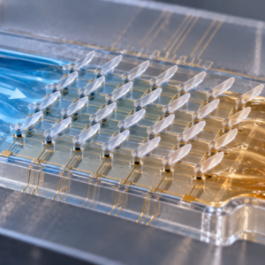 Conceptual illustration of a transparent microfluidic chip with hinged artificial cilia pumping liquid through warm and cool channels.