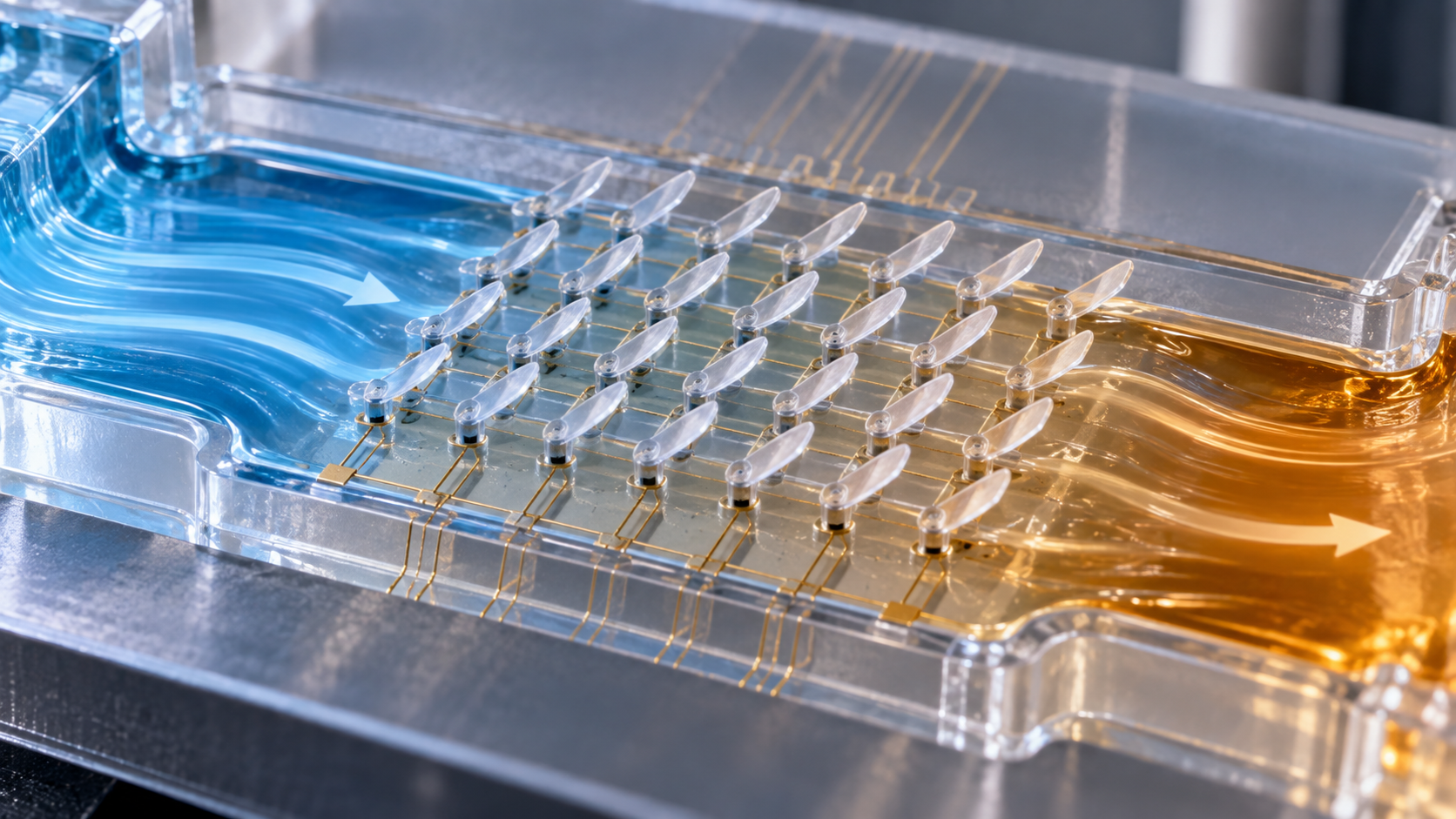 Conceptual illustration of a transparent microfluidic chip with hinged artificial cilia pumping liquid through warm and cool channels.