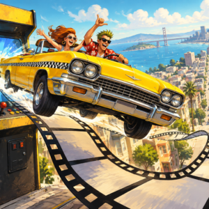 A yellow taxi bursts from an arcade cabinet onto a curling strip of film above a sunny, hilly city.