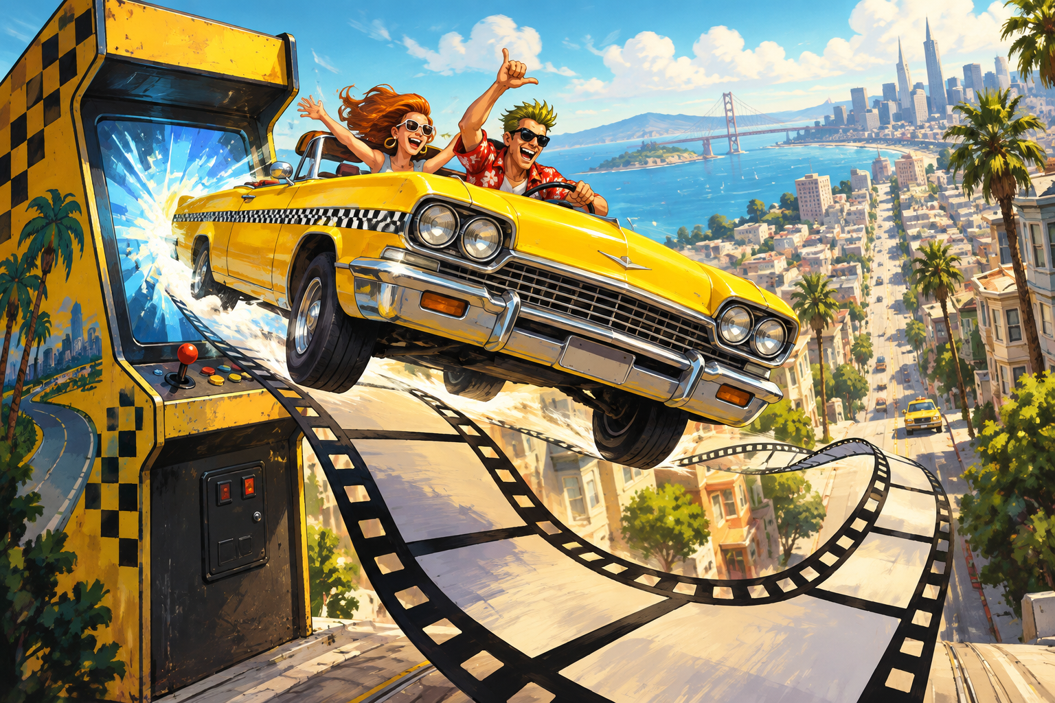 A yellow taxi bursts from an arcade cabinet onto a curling strip of film above a sunny, hilly city.