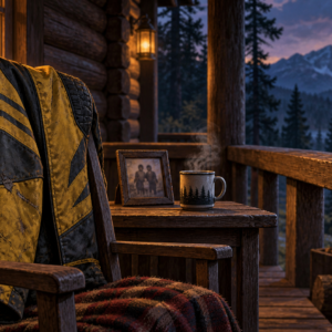 A worn yellow jacket, framed photograph and steaming mug sit on a cabin porch beside three scratches in the railing.