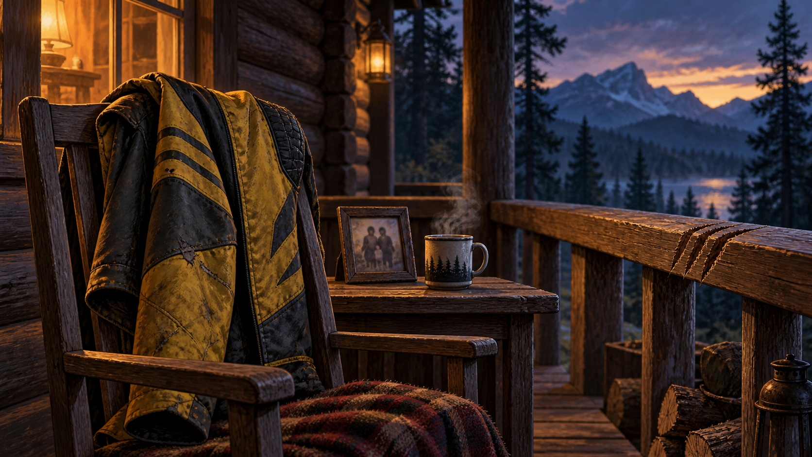 A worn yellow jacket, framed photograph and steaming mug sit on a cabin porch beside three scratches in the railing.