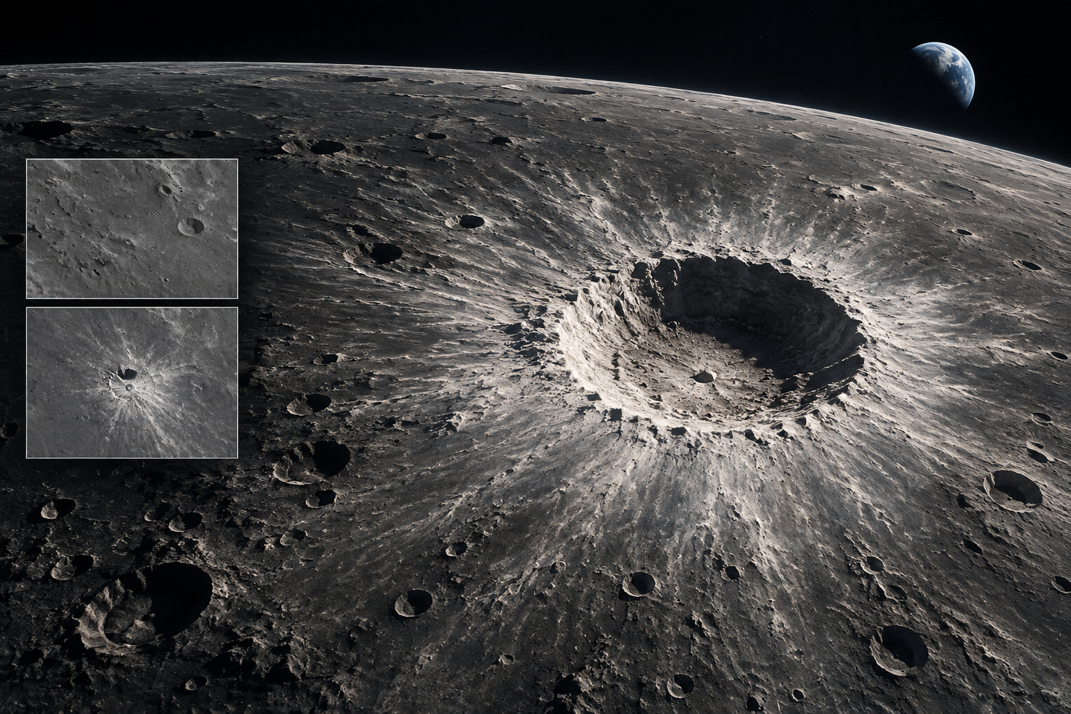 Original illustration of a large fresh crater and bright ejecta on the Moon, representing NASA's discovery of McGetchin crater