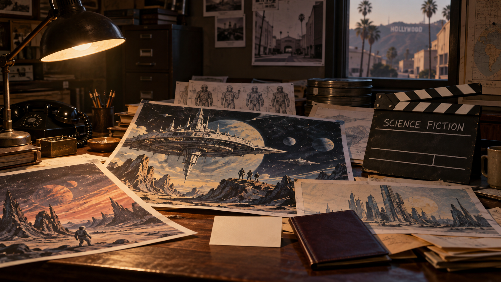 Late-1970s film desk with original science-fiction concept art, a clapperboard, and production papers illustrating the CIA’s fake Argo movie cover.