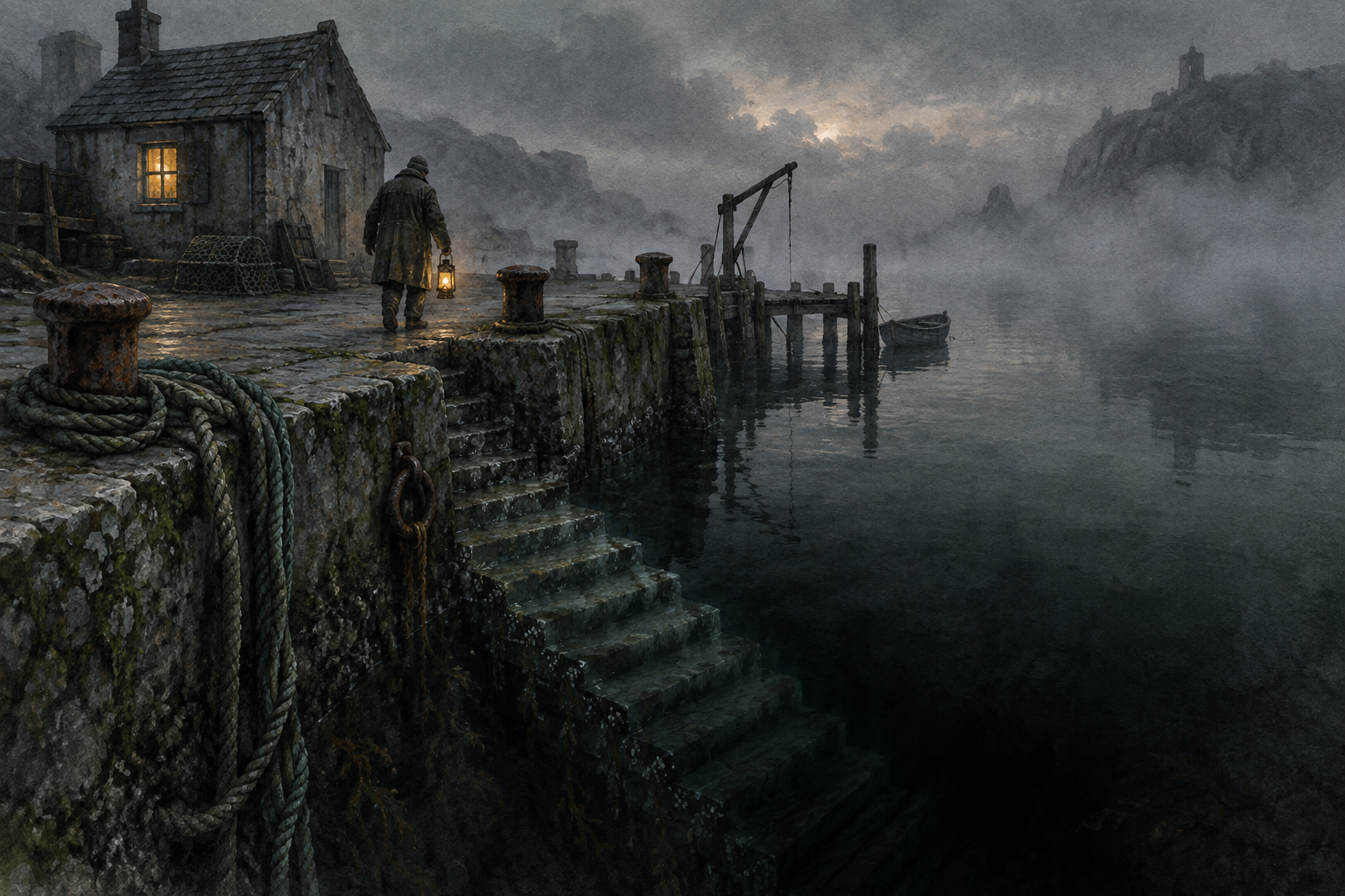 An isolated harbour worker carries a lantern beside a fogbound dock house and stone steps descending into dark water.