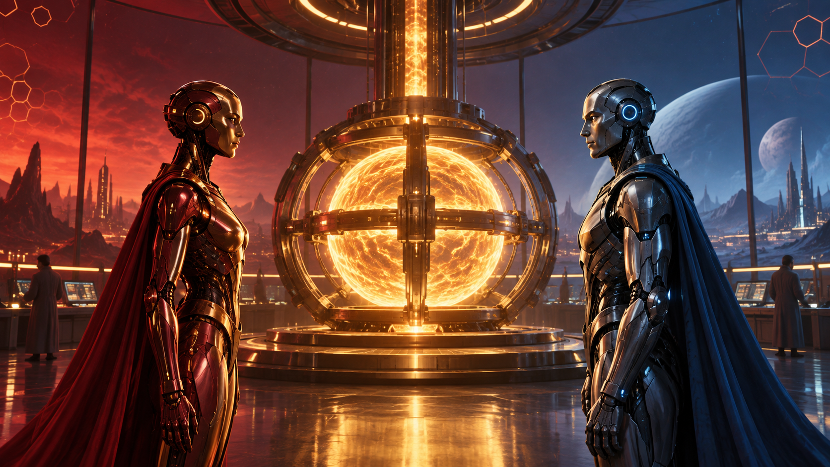 Two original futuristic android figures face each other across a glowing energy reactor in a red and blue laboratory.