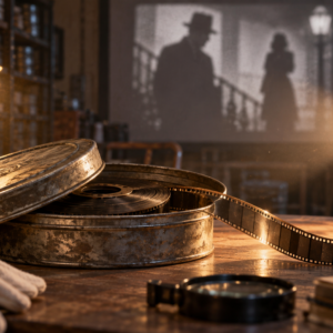 A 35mm film canister and unspooled film sit in an archival cinema room beside a projector casting a blurred noir-style silhouette.