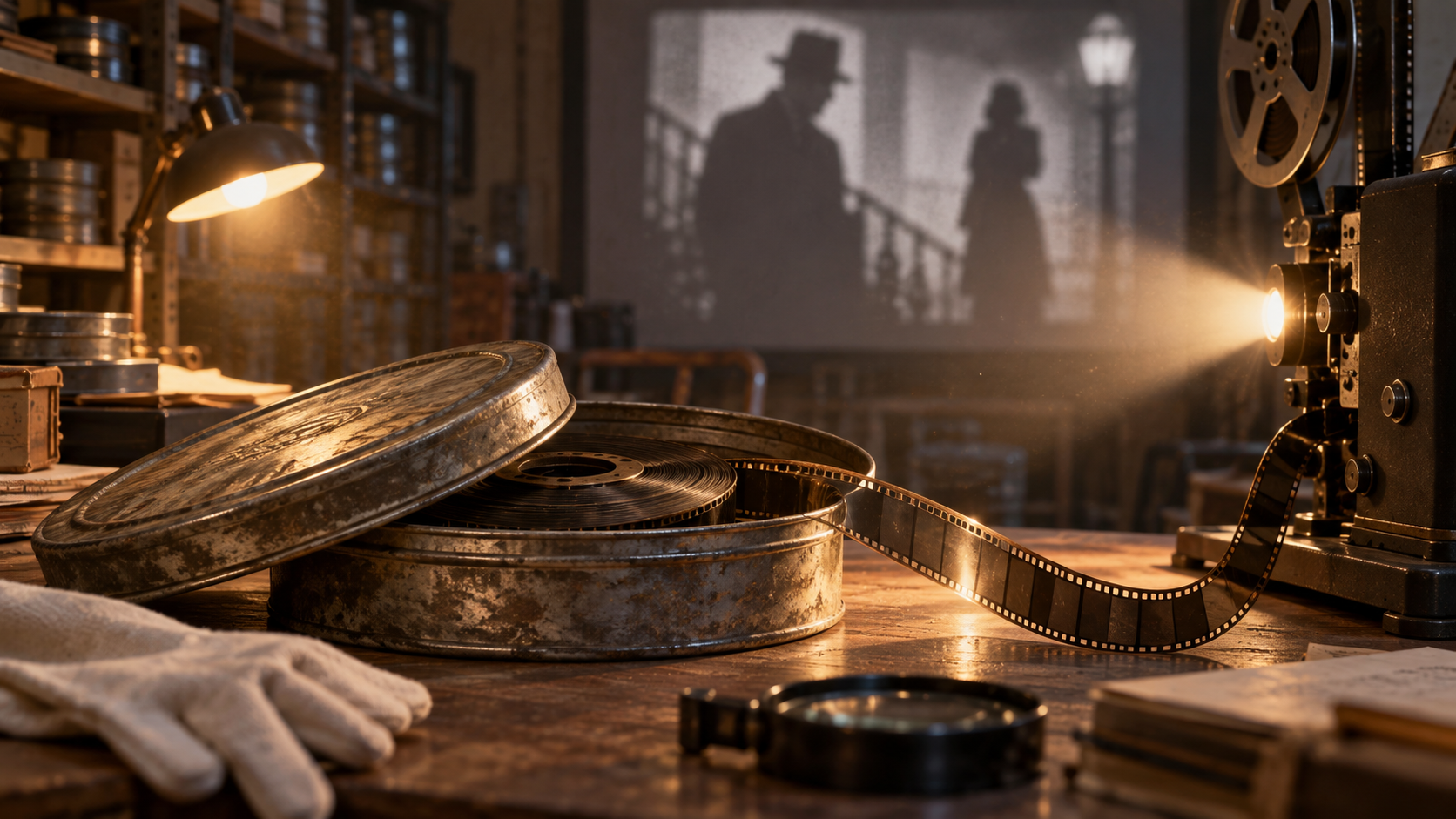 A 35mm film canister and unspooled film sit in an archival cinema room beside a projector casting a blurred noir-style silhouette.