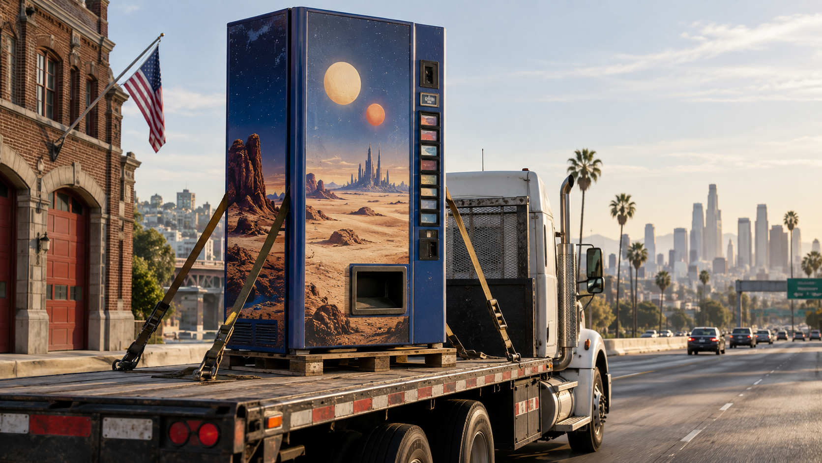 Illustrative scene of a vintage sci-fi promotional vending machine strapped to a flatbed truck traveling from a Pittsburgh firehouse toward Los Angeles.
