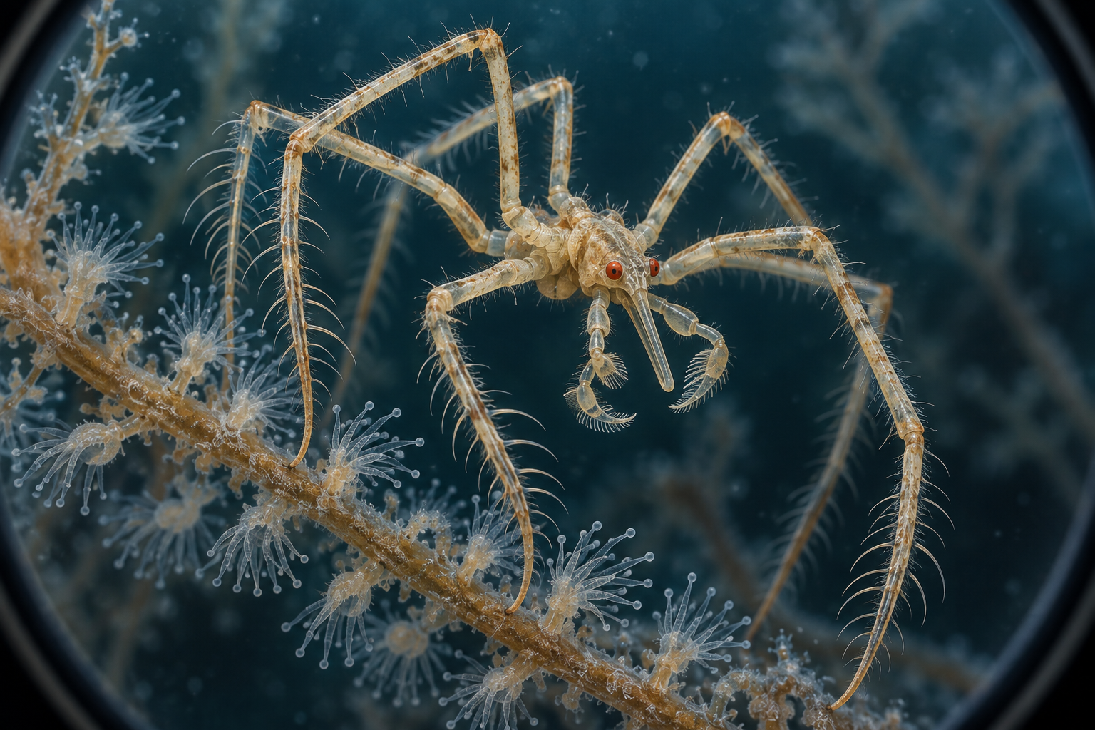 Illustration of a tiny red-eyed marine sea spider with bristly legs and comb-like grooming appendages on an underwater hydroid