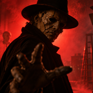 A cracked clay-faced performer reaches toward the viewer on a red-lit film set.
