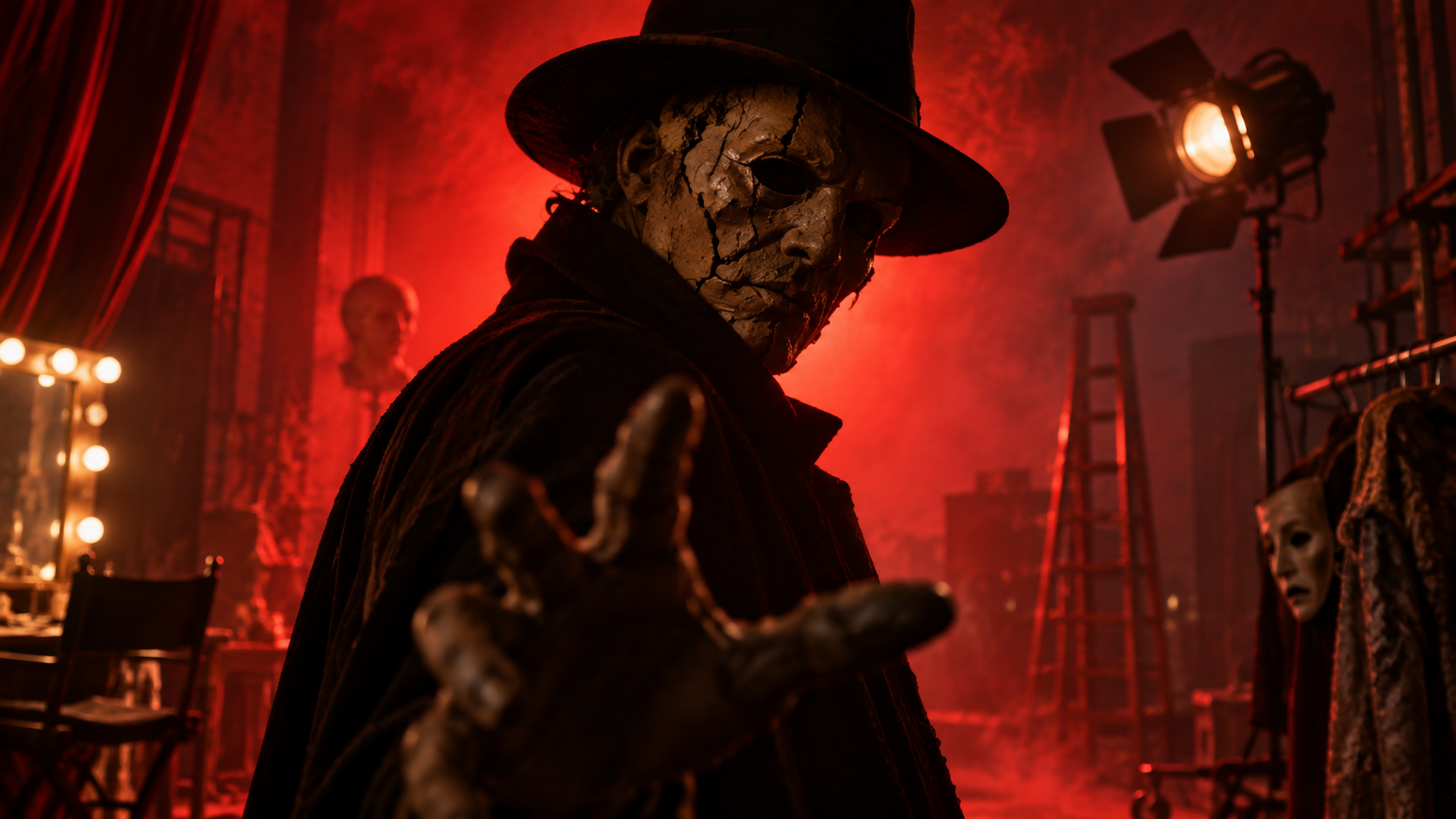 A cracked clay-faced performer reaches toward the viewer on a red-lit film set.