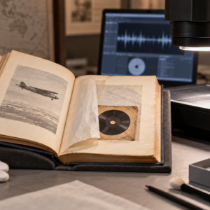 An open copy of Amelia Earhart’s memoir with a tiny record tucked inside, beside a non-contact optical scanner in a conservation lab.