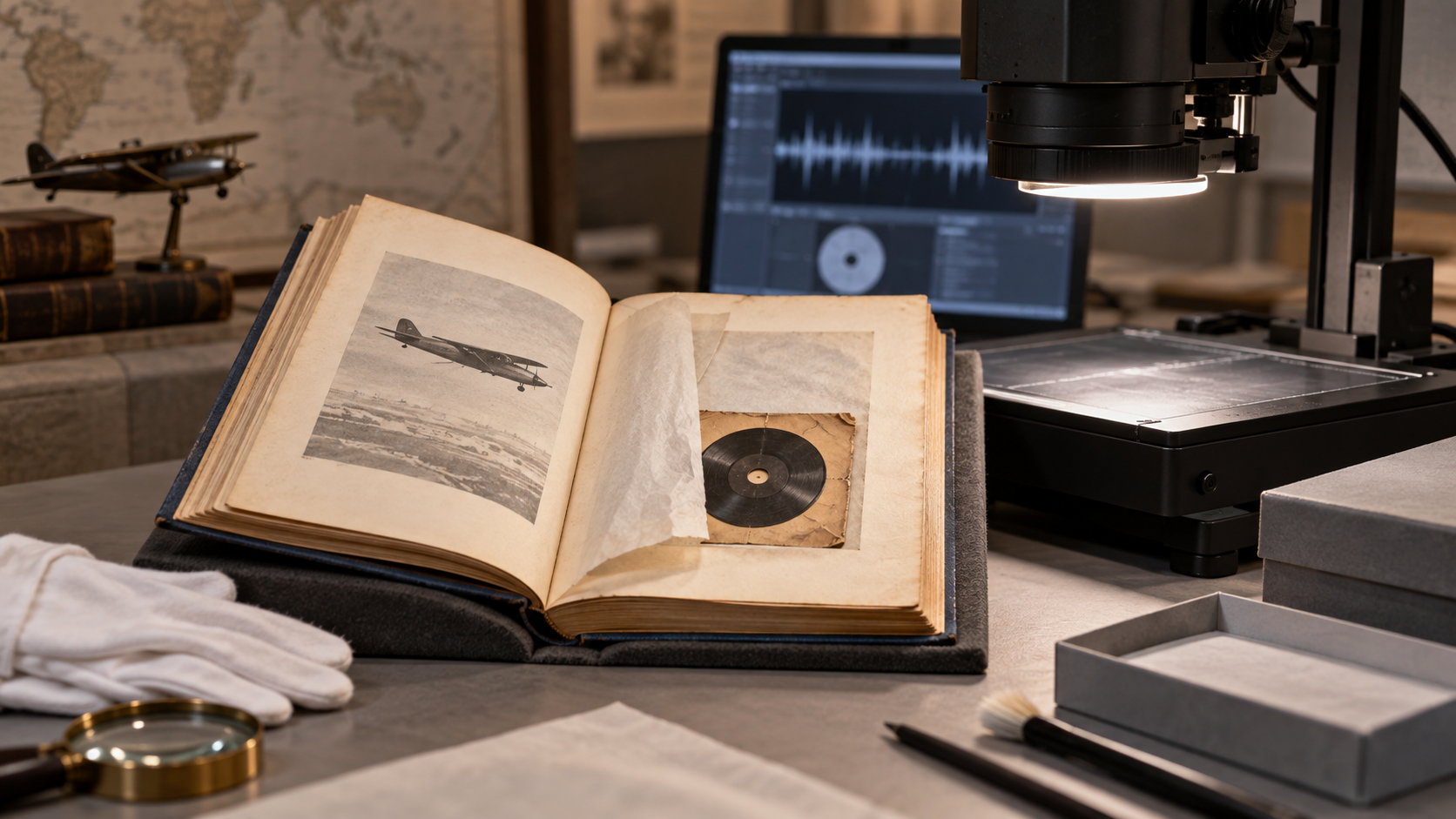 An open copy of Amelia Earhart’s memoir with a tiny record tucked inside, beside a non-contact optical scanner in a conservation lab.
