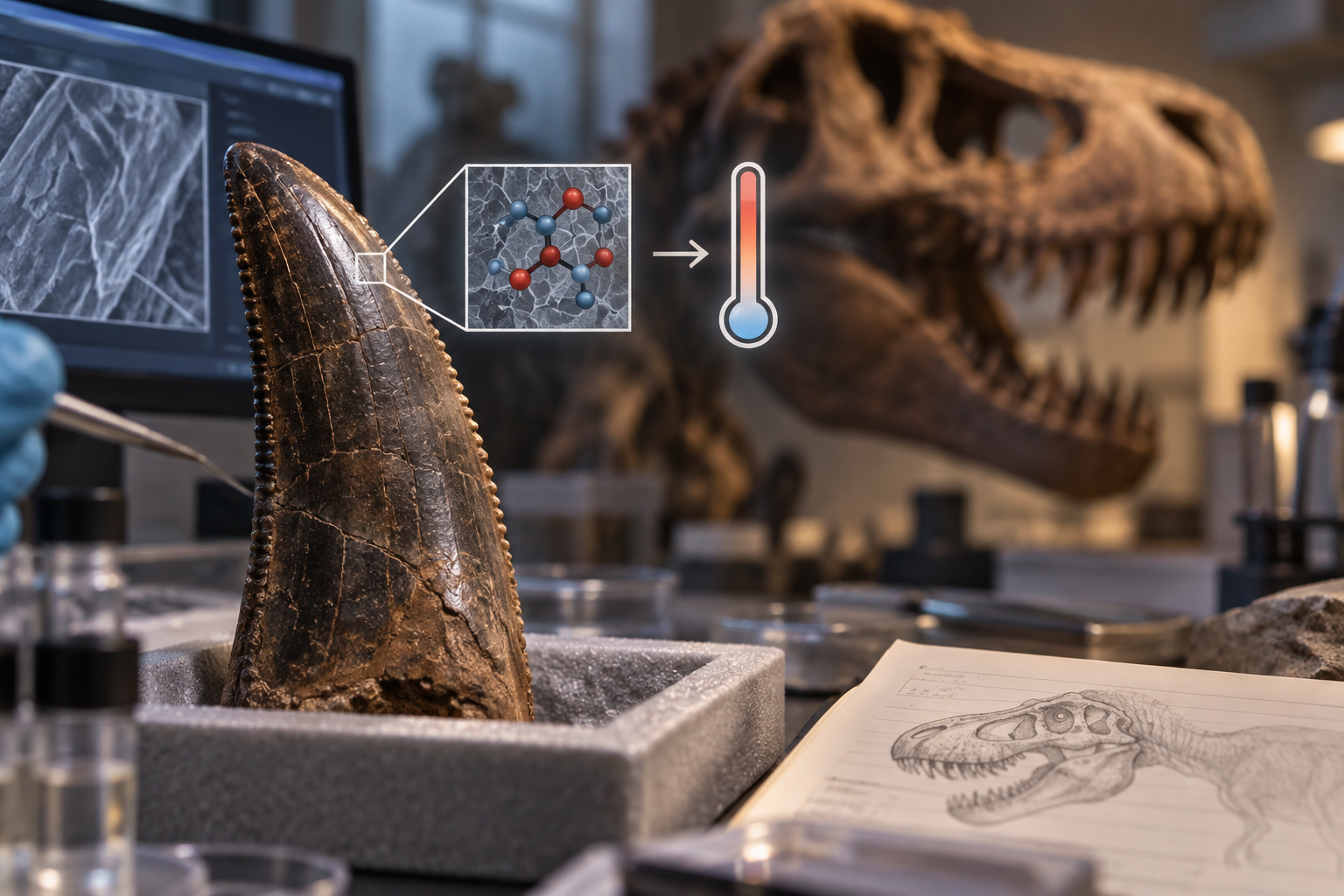 Illustration of a fossilized Tyrannosaurus rex tooth in a research lab with a blurred T. rex skull in the background
