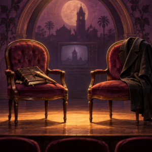 Two empty theater chairs hold a vampire-hunting journal, wooden stake and dark coat beneath a gothic stage backdrop.