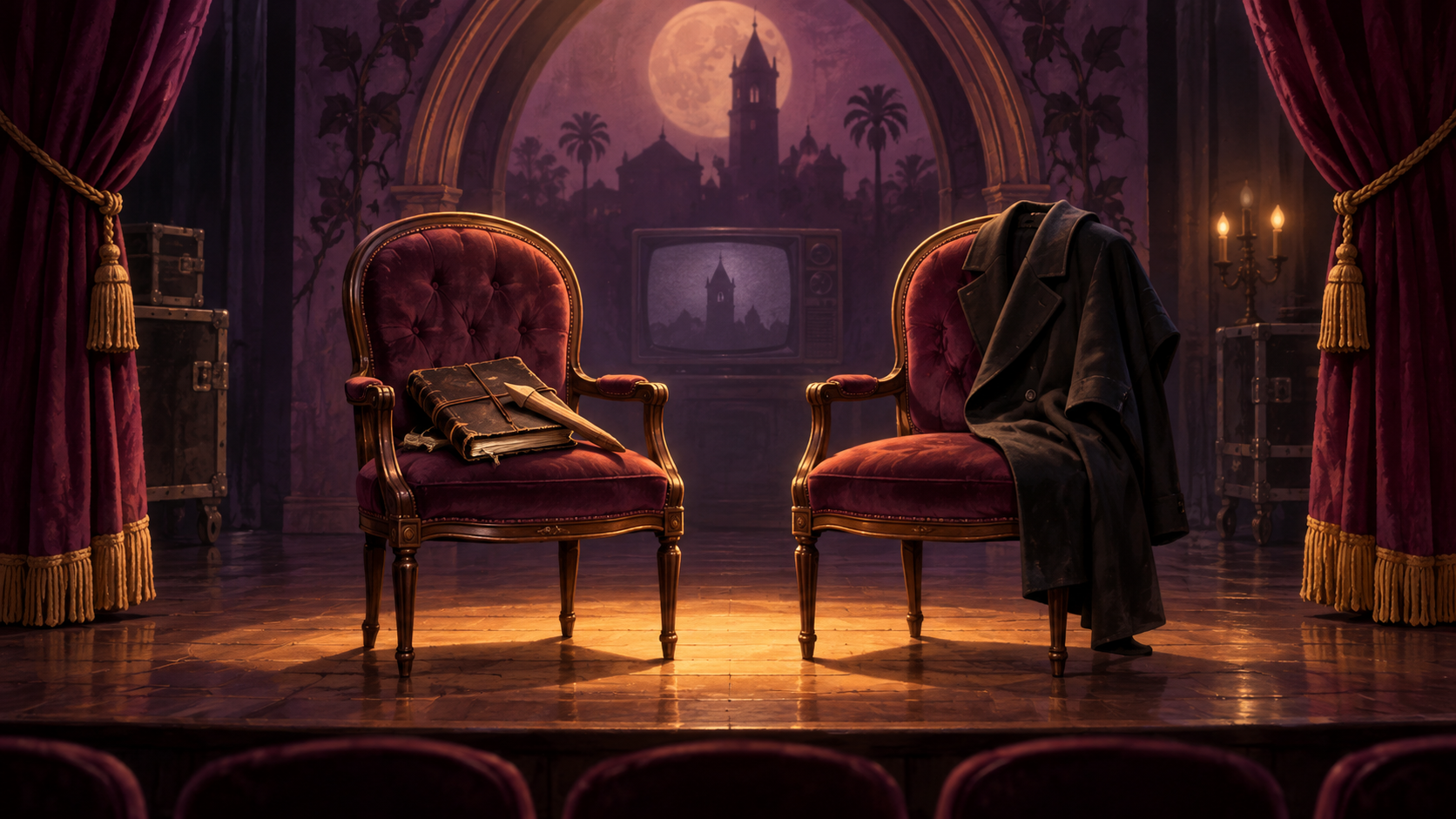 Two empty theater chairs hold a vampire-hunting journal, wooden stake and dark coat beneath a gothic stage backdrop.